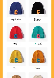 Multiple color options for winter knit beanies featuring textured letter C embroidery
