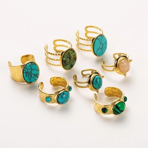 Retro Stainless Steel Ring Natural Turquoise Stone Inlay Open Adjustable Bohemian Ethnic Jewelry For Women