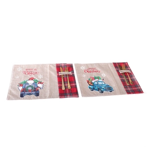 Christmas placemats set of 2 with red plaid pocket and merry gnome prints