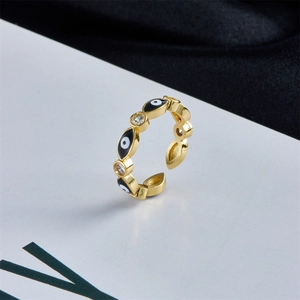 18K gold plated evil eye adjustable ring with cubic zirconia and enamel inlay