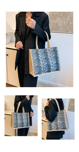 Detailed view of leopard print tote bag featuring woven texture and round handles