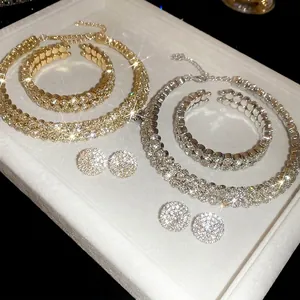 Rhinestone Crystal Jewelry Set Round Pavé Necklace Bracelet Stud Earrings With Silver Earring Post Elegant Luxury Style For Women