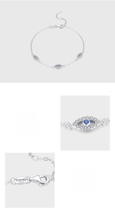 Macro detail of S925 sterling silver evil eye bracelet with blue pavé zircons