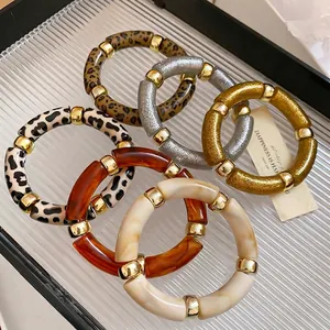 Geometric Round Acrylic Resin Stretch Bracelet Leopard Print Glitter Metal Spacers Fashion Jewelry For Women