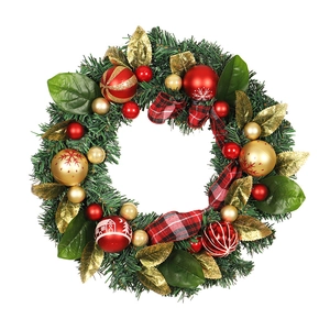 Christmas PVC wreath with red gold ornaments and buffalo plaid bow on white background