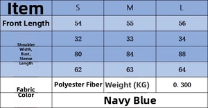 Size chart for navy polo knit top detailing S to L measurements in cm and polyester fabric