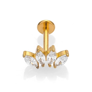 Macro view of gold-plated crown stud featuring four sparkling marquise-cut zircons