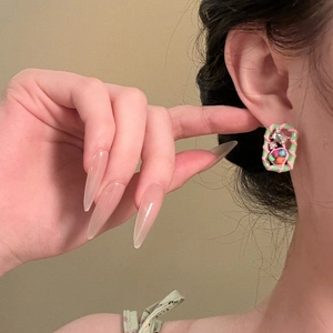 Chic square crystal earrings with pink waves and green frames for women