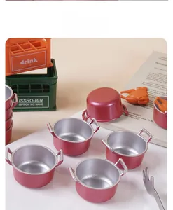 Miniature red dollhouse soup pot model with silver interior for DIY kitchen scenes