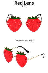 Front and 45-degree angle view of creative red strawberry shaped rimless sunglasses