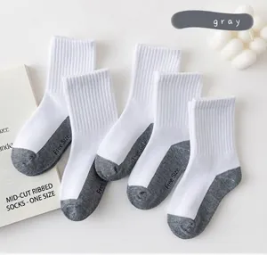 Flat lay of cotton crew socks with grey contrast heel and toe detail on white background