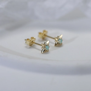 Macro shot of S925 silver gold star earrings with blue opal stone and butterfly backs
