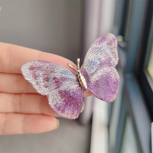 Exquisite purple gradient embroidered butterfly brooch with elegant gold metal body