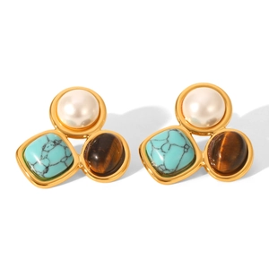 18k gold plated earrings with white pearl, turquoise stone and tiger eye stone inlay