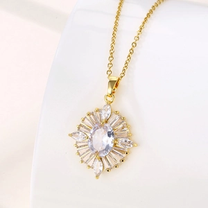 Collier Pendentif Tournesol Élégant Radiant Zircon Incrusté Chaîne En Acier Inoxydable Bijoux Mode Accessoires Pour Femmes