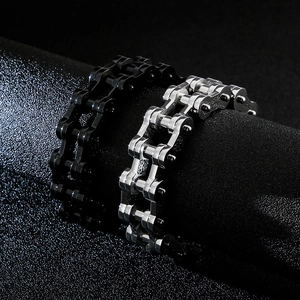Industrial punk bicycle chain bracelet in silver and black stainless steel for men