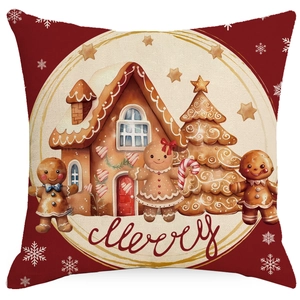 Christmas pillow cover with gingerbread house and cookies on festive red background