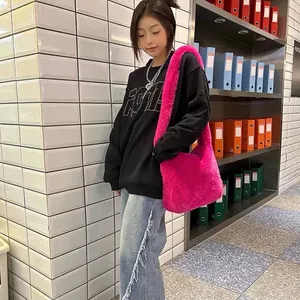 Y2K style bright rose pink faux fur shoulder bag for women with soft fluffy texture