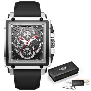 Men's square quartz sport watch with hollow dial, black silicone strap, and gift set