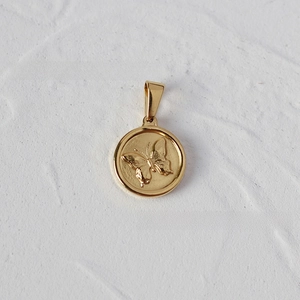 Detailed macro view of a 18K gold-plated stainless steel coin pendant with butterfly relief