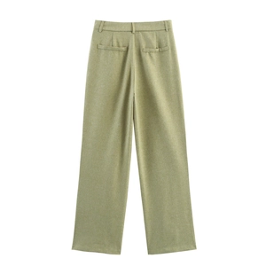 Rear view of light olive green wide-leg trousers featuring a textured cotton-linen blend