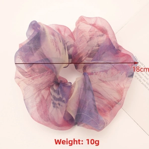 Detail of 18cm large organza scrunchie with purple pink gradient watercolor floral pattern