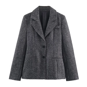 Women Herringbone Tweed Blazer And Pants Outfit Office Business Casual Streetwear Long Sleeve High Waist Wide Leg