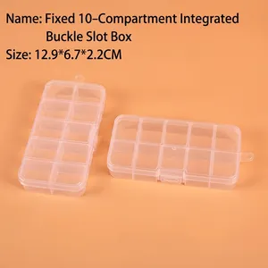 Detail view of a 10-grid clear plastic storage organizer box sized 12.9x6.7x2.2cm