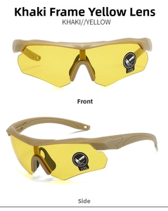 Tactical safety glasses with khaki frame and yellow anti-blast lenses in side and front views