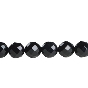 Polished black faceted onyx beads string for DIY jewelry making on white background