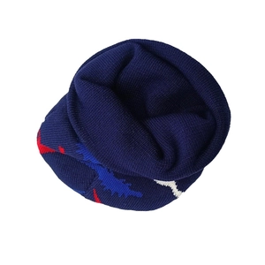Kids navy blue knitted beanie featuring colorful cartoon dinosaur patterns and warm soft fabric