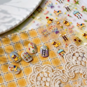 Nail Art Stickers 3D Relief Cute Cartoon Bear Rocking Horse Patterns Self Adhesive Embossed Japanese Style Manicure Decals