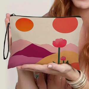 Floral Print Makeup Bag Fine Linen Cosmetic Pouch With Zipper And Wrist Strap For Women Travel Toiletry Organizer