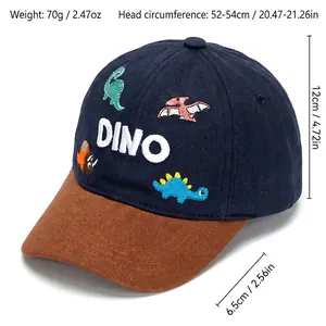 Navy cotton kids baseball cap with brown brim and colorful dino embroidery, 52-54cm
