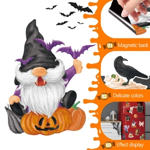 Detail of Halloween gnome magnetic stickers showing magnetic backing and material texture