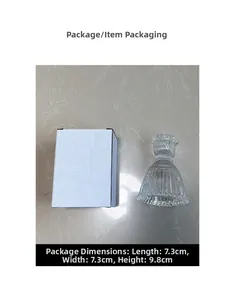 Detailed view of striped glass candle holder with its protective packaging and dimensions