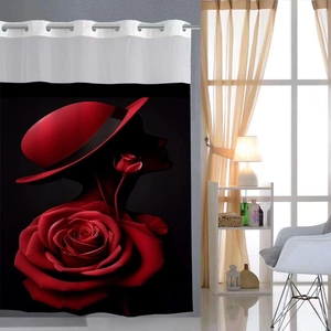 Detail of waffle texture shower curtain with red rose and female silhouette art design
