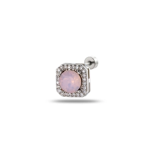 Luxe square pink crystal halo stud earring in titanium steel with screw back closure