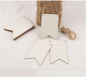 Close-up of blank wooden dovetail tags with pre-drilled holes and natural jute rope