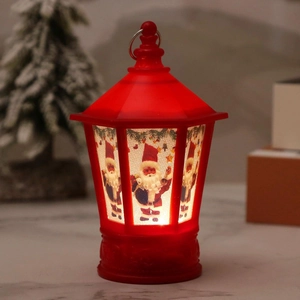 Red Christmas LED hexagonal lantern with Santa Claus illustrations and warm festive light