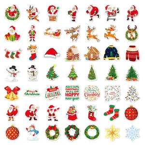 Detailed view of holographic Christmas stickers featuring Santa, reindeer, and snowmen