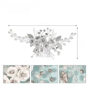 Floral hair comb detail with polymer clay flowers, rhinestones and size measurements