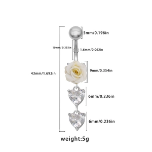 Piercing de nombril en argent avec rose blanche et zircons cœurs et spécifications