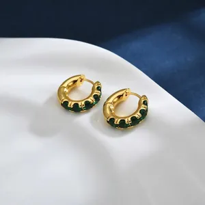 Geometric C-Shape Gold Plated Copper Hoop Earrings With Inlaid Green Zirconia Micro Pave Pave Jewelry For Women Gift