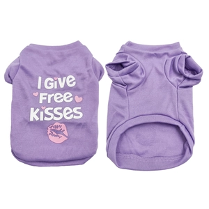 Front and back view of light purple dog T-shirt with I Give Free Kisses slogan print