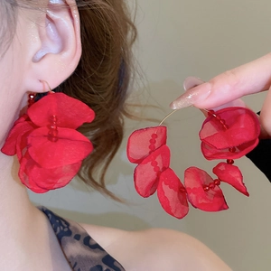 Elegant red fabric petal drop earrings with beads on gold-tone hoops for women
