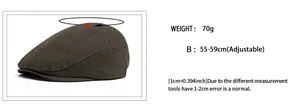 Detail showing adjustable 55-59cm circumference measurement for cotton flat cap