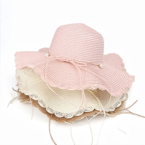 Women Straw Sun Hat Pearl Scalloped Brim Bow Knot Wide Brim Summer Beach Vacation Sweet Breathable Folding Sun Protection Hat