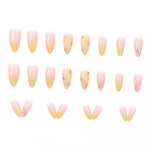Set di 24 unghie finte a mandorla con sfumature gialle, fiori e strass luminosi