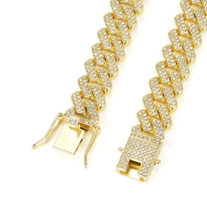 Iced out 14mm golden diamond Cuban link chain necklace with sparkling rhinestones for hip hop style